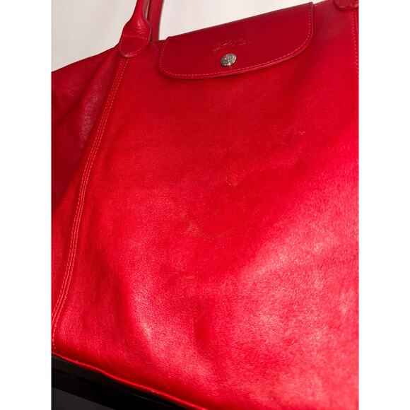 LONGCHAMP Leather Tote Le Pliage Vibrant Red Long Handles Shoulder Bag FRANCE - Picture 9 of 14